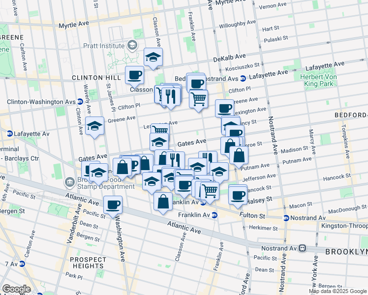map of restaurants, bars, coffee shops, grocery stores, and more near 218 Gates Avenue in Brooklyn