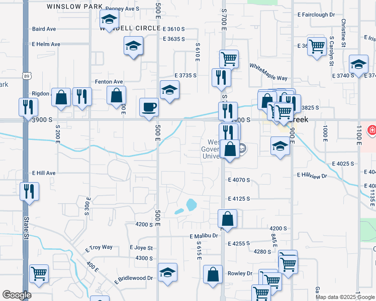 map of restaurants, bars, coffee shops, grocery stores, and more near 328 East 3990 South in Millcreek