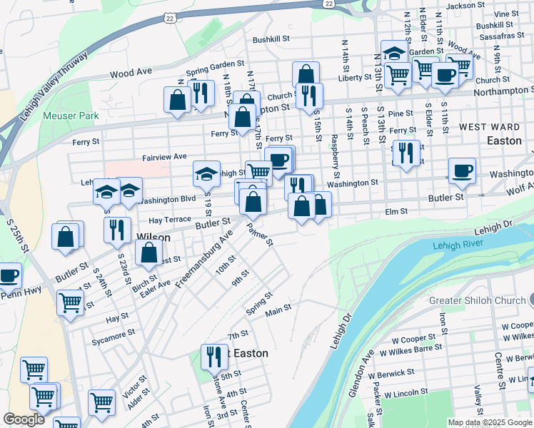 map of restaurants, bars, coffee shops, grocery stores, and more near 1699 Butler Street in Easton