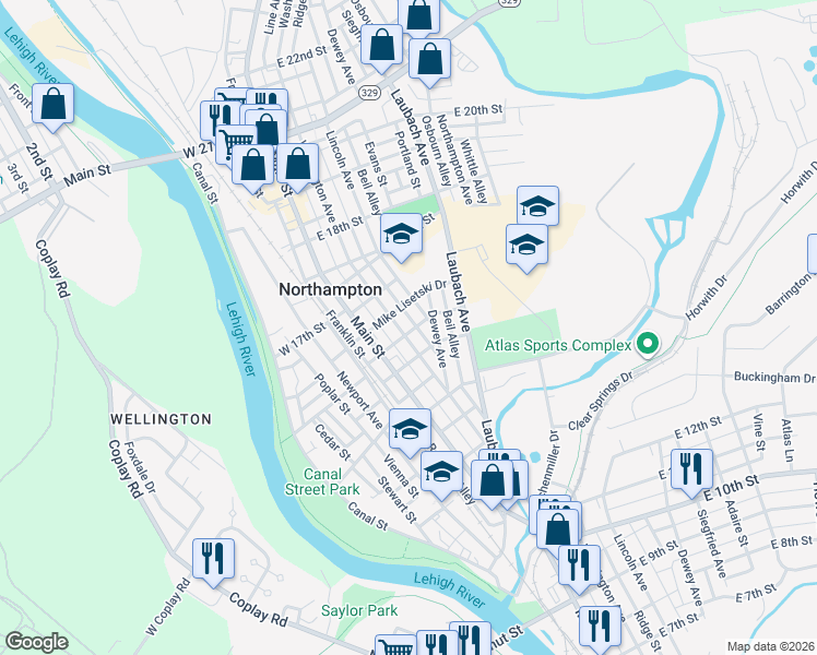 map of restaurants, bars, coffee shops, grocery stores, and more near 1509 Washington Avenue in Northampton