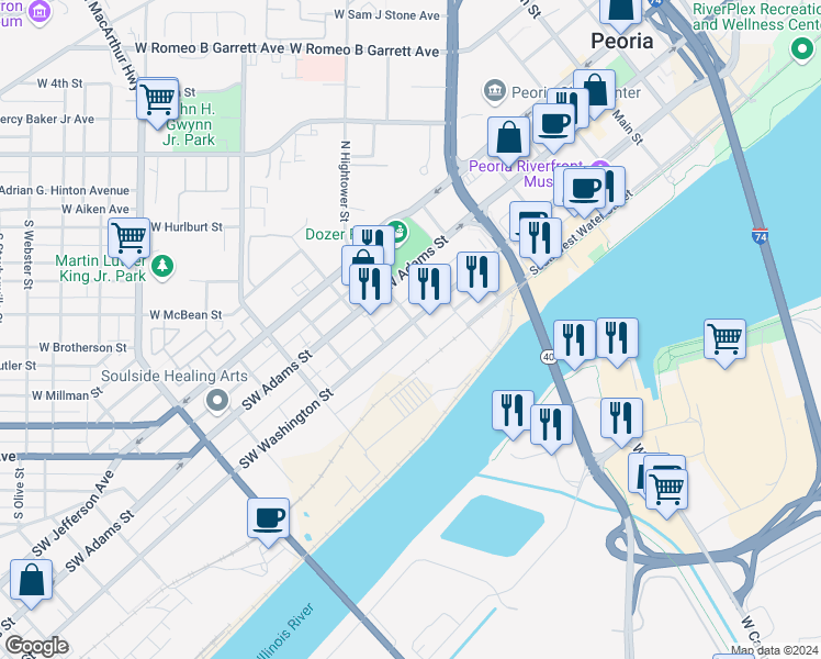 map of restaurants, bars, coffee shops, grocery stores, and more near 816 Southwest Washington Street in Peoria