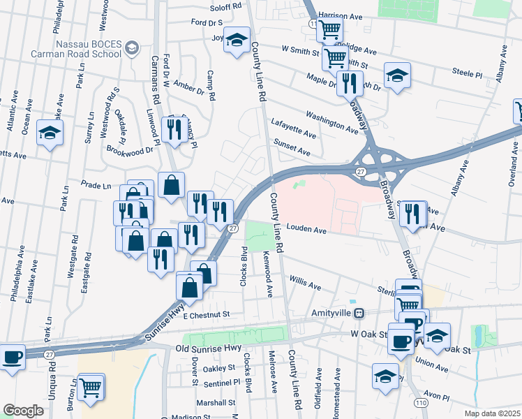 map of restaurants, bars, coffee shops, grocery stores, and more near 400 County Line Road in Massapequa