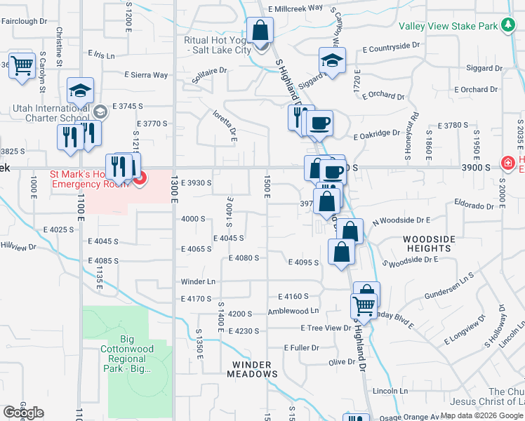 map of restaurants, bars, coffee shops, grocery stores, and more near 4012 1500 east in Millcreek