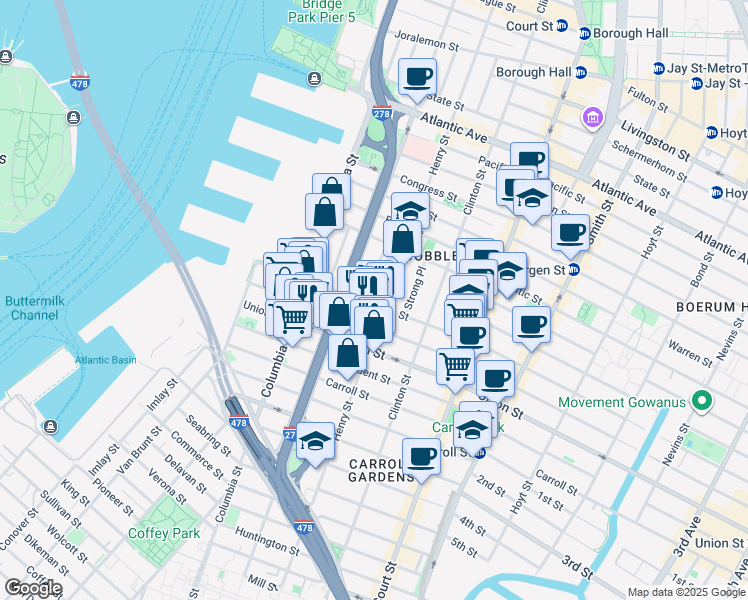 map of restaurants, bars, coffee shops, grocery stores, and more near 492 Henry Street in Brooklyn
