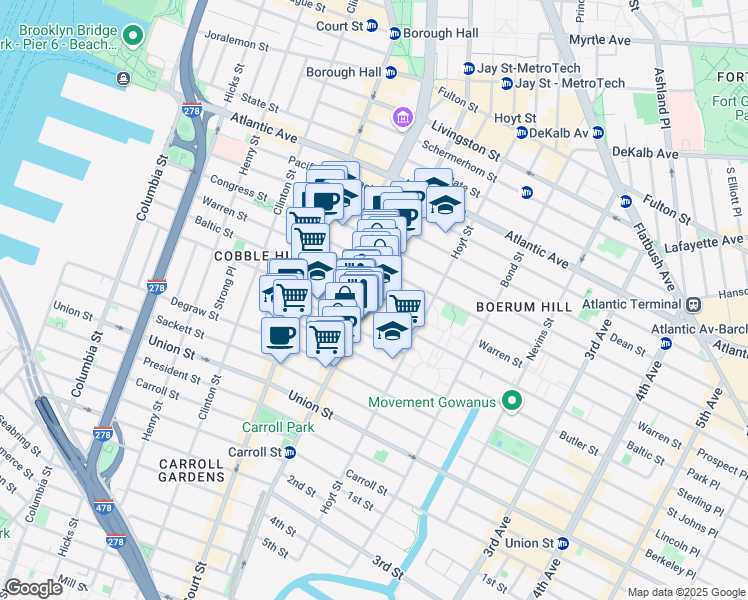 map of restaurants, bars, coffee shops, grocery stores, and more near 195 Smith Street in Brooklyn