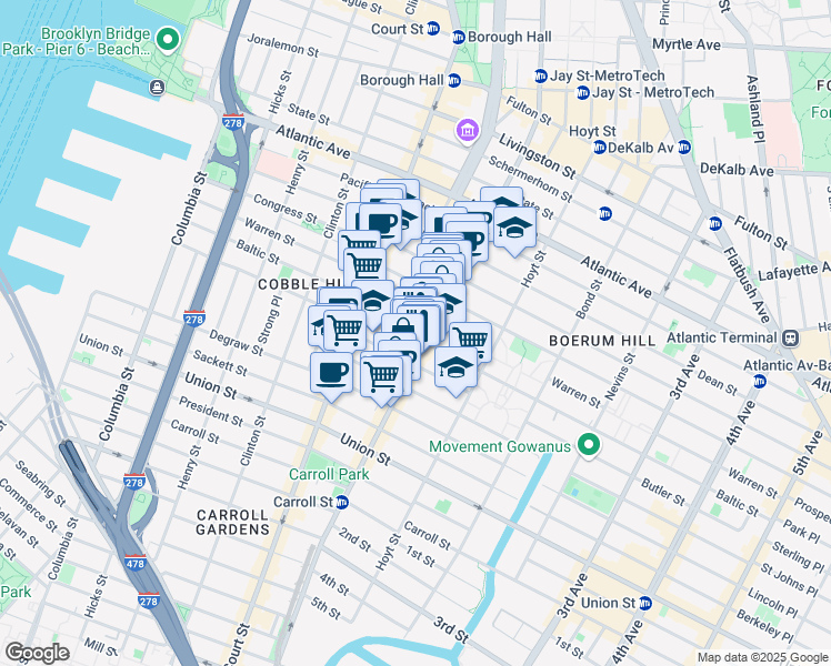 map of restaurants, bars, coffee shops, grocery stores, and more near 321 Baltic Street in Brooklyn