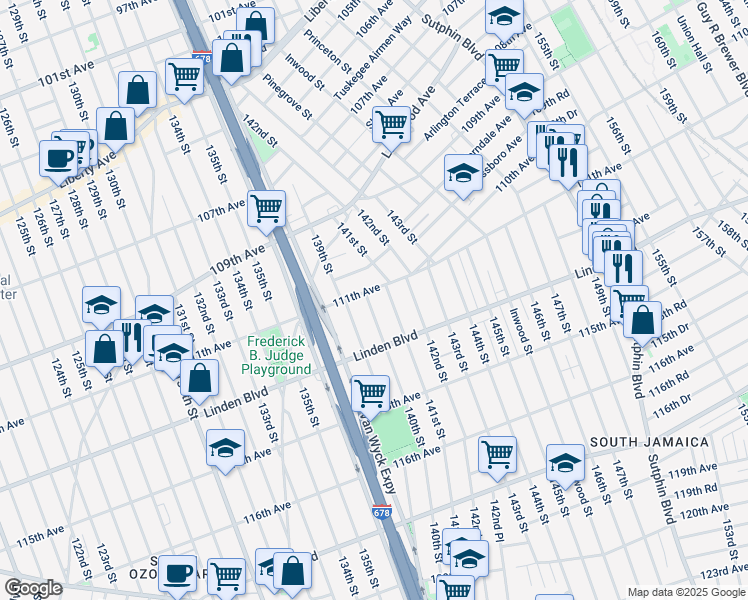 map of restaurants, bars, coffee shops, grocery stores, and more near 113-15 140th Street in Queens