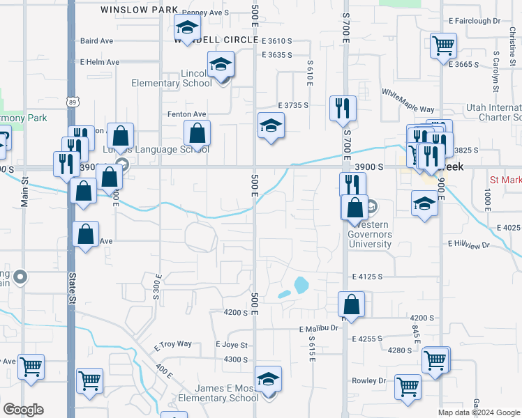 map of restaurants, bars, coffee shops, grocery stores, and more near 4021 500 East in Murray