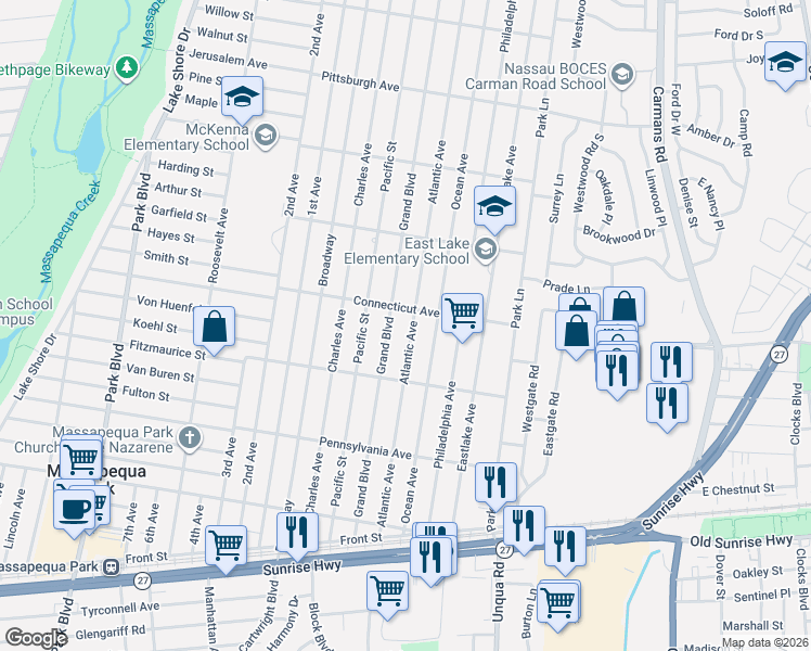 map of restaurants, bars, coffee shops, grocery stores, and more near 122 Atlantic Avenue in Massapequa Park