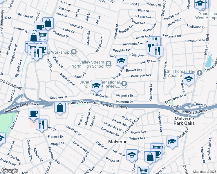 map of restaurants, bars, coffee shops, grocery stores, and more near 859 Willow Road in Franklin Square