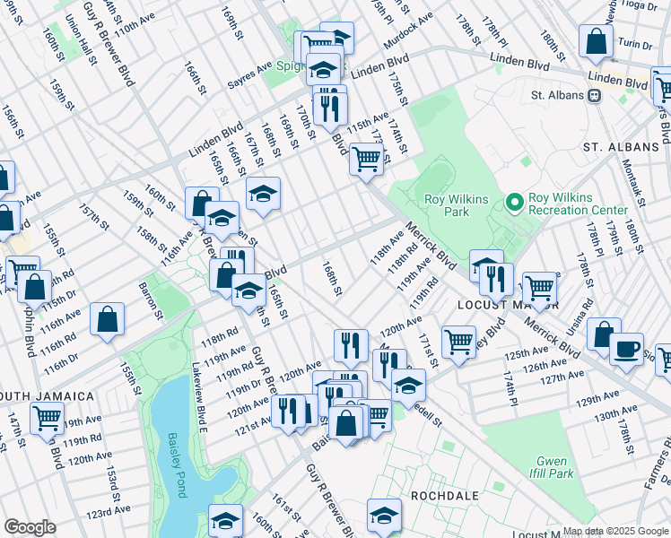 map of restaurants, bars, coffee shops, grocery stores, and more near 16805 118th Road in Queens