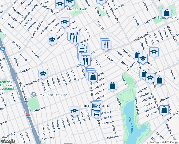 map of restaurants, bars, coffee shops, grocery stores, and more near 115-1 Sutphin Boulevard in Queens