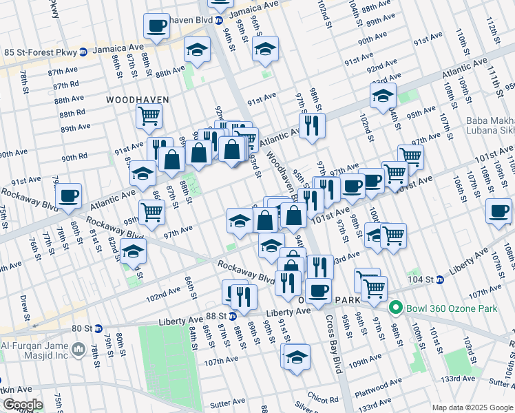 map of restaurants, bars, coffee shops, grocery stores, and more near 97-22 92nd Street in Queens