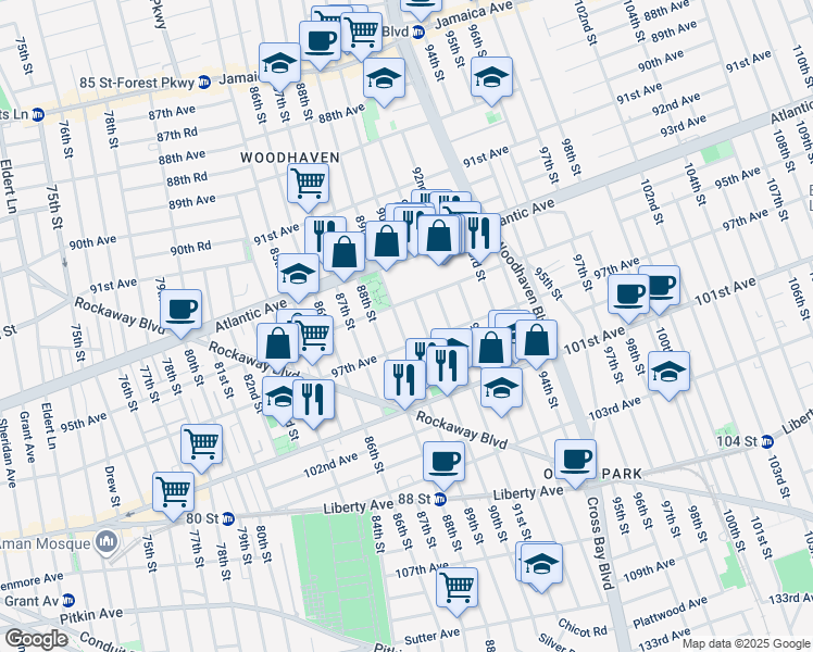 map of restaurants, bars, coffee shops, grocery stores, and more near 88-07 97th Avenue in Queens