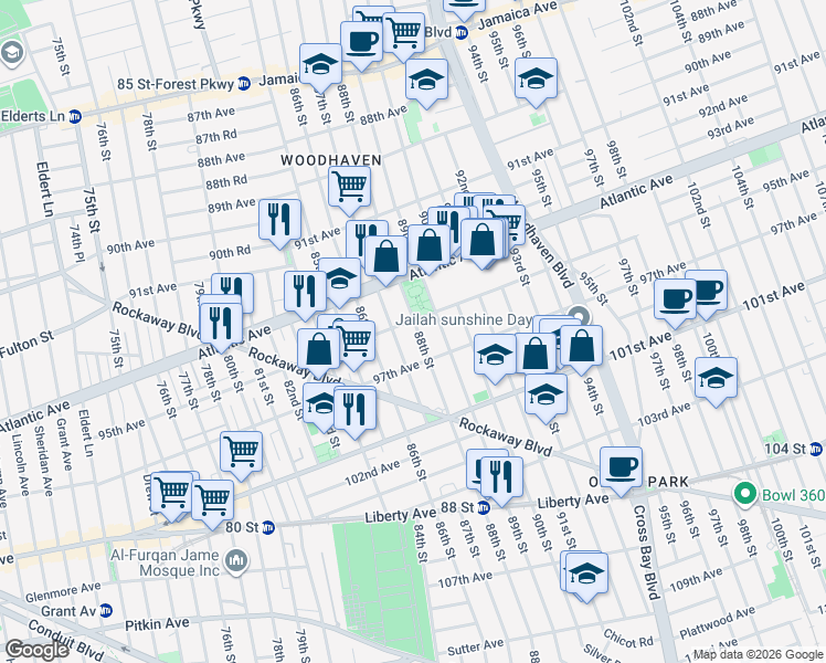 map of restaurants, bars, coffee shops, grocery stores, and more near 95-22 87th Street in Queens
