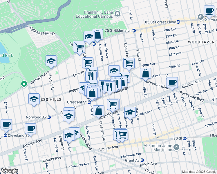 map of restaurants, bars, coffee shops, grocery stores, and more near 238 Autumn Avenue in Brooklyn