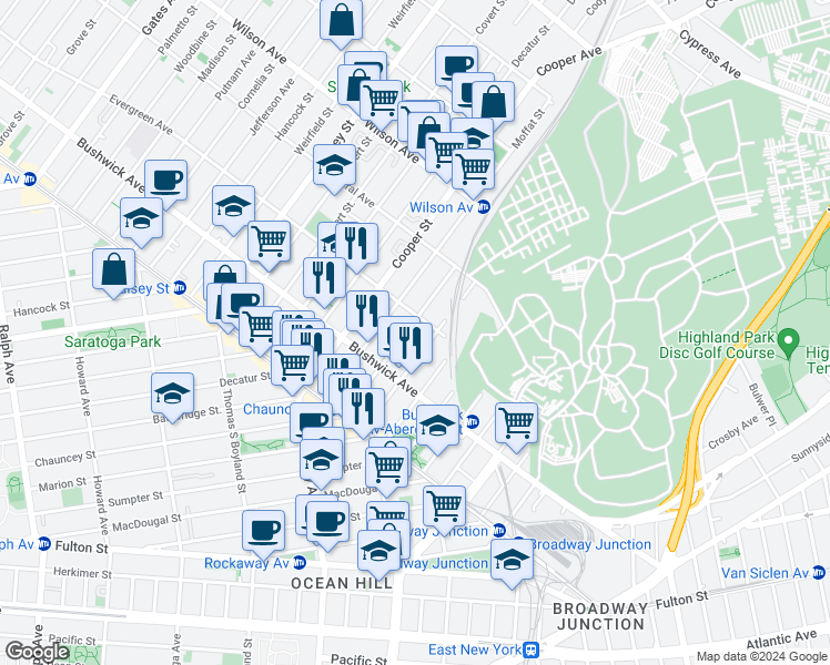 map of restaurants, bars, coffee shops, grocery stores, and more near in Brooklyn