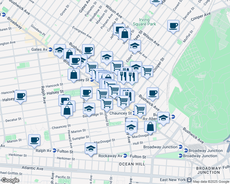 map of restaurants, bars, coffee shops, grocery stores, and more near 1671 Broadway in Brooklyn