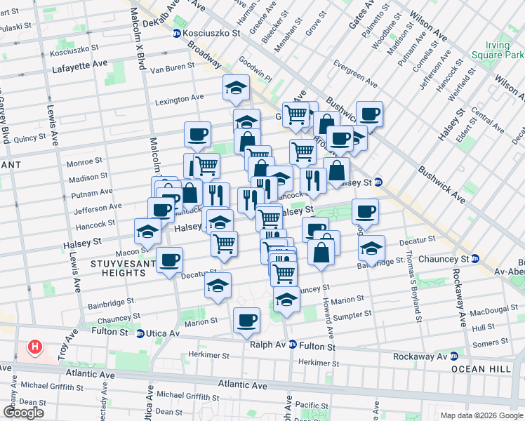 map of restaurants, bars, coffee shops, grocery stores, and more near 774 Halsey Street in Brooklyn