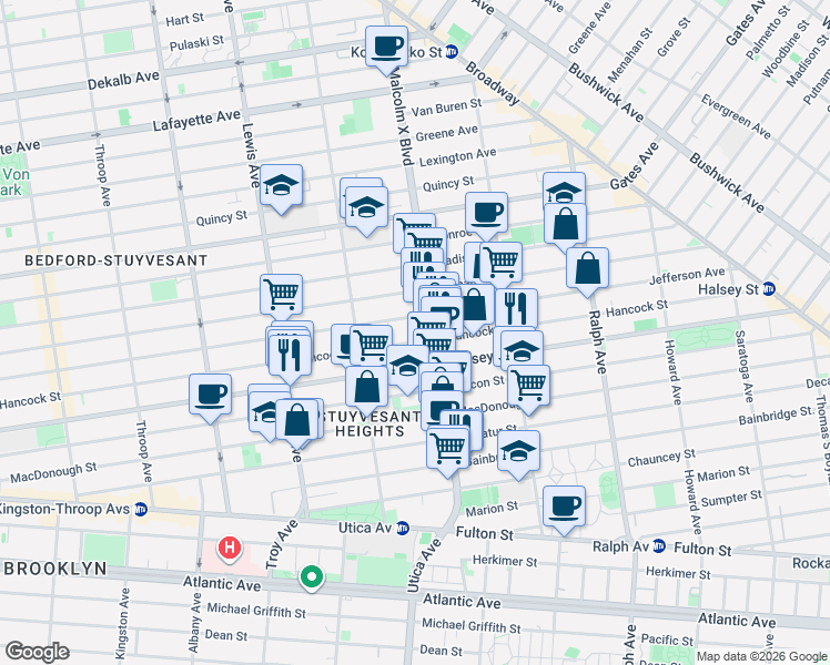 map of restaurants, bars, coffee shops, grocery stores, and more near 626 Hancock Street in Brooklyn