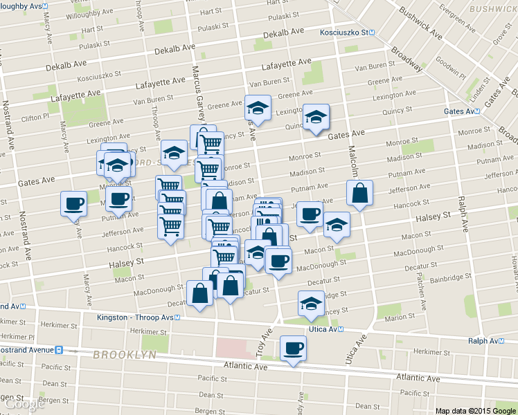 map of restaurants, bars, coffee shops, grocery stores, and more near 538 Jefferson Avenue in Brooklyn