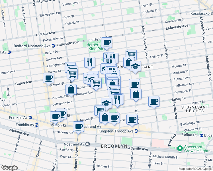 map of restaurants, bars, coffee shops, grocery stores, and more near 392 Putnam Avenue in Brooklyn