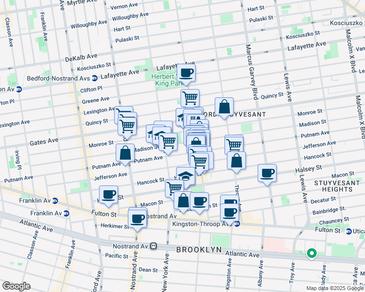 map of restaurants, bars, coffee shops, grocery stores, and more near 392 Putnam Avenue in Brooklyn