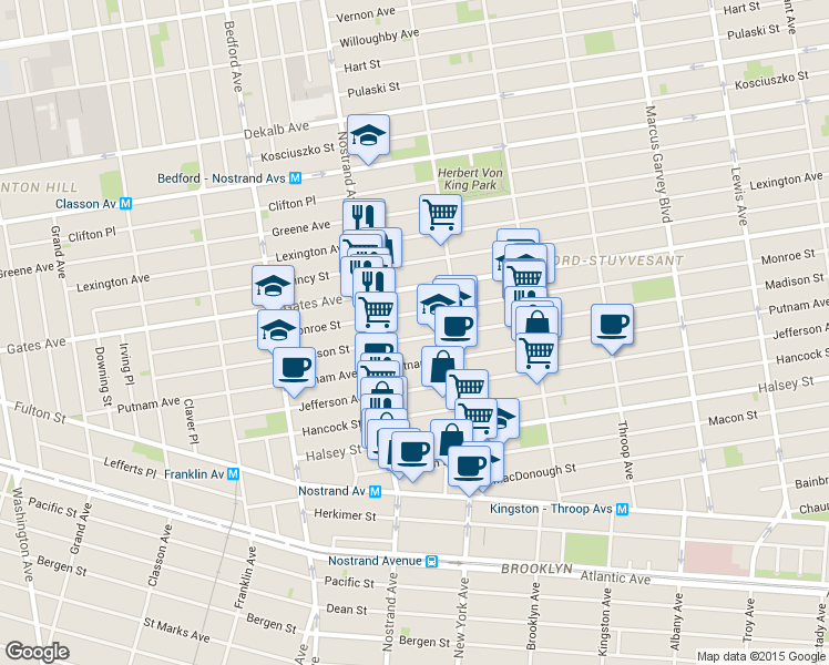 map of restaurants, bars, coffee shops, grocery stores, and more near 832 Marcy Avenue in Brooklyn