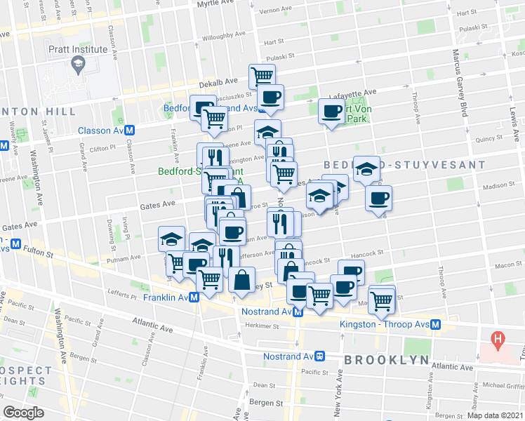 map of restaurants, bars, coffee shops, grocery stores, and more near 192 Madison Street in Brooklyn