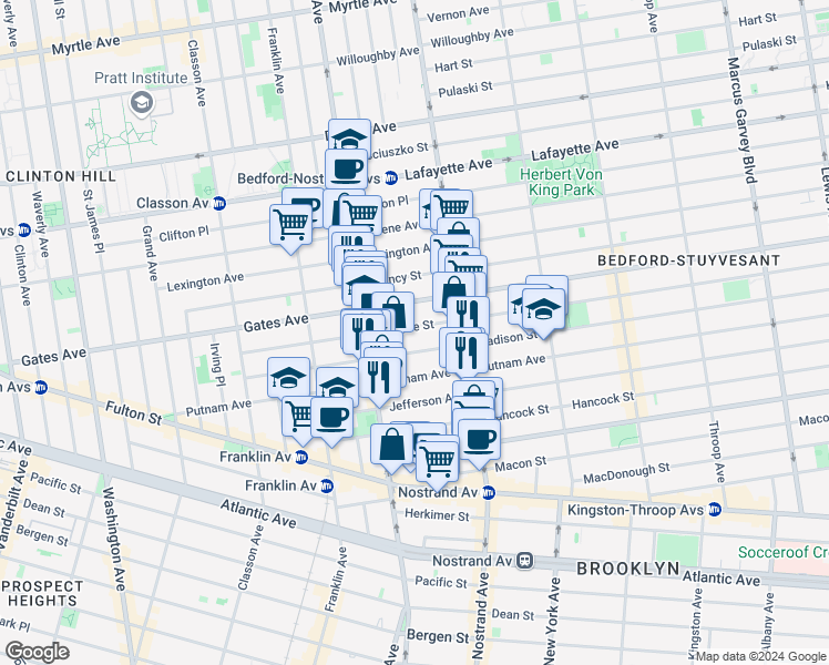 map of restaurants, bars, coffee shops, grocery stores, and more near 149 Madison Street in Brooklyn