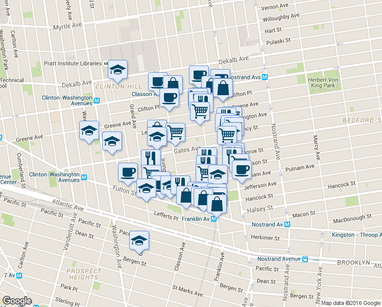 map of restaurants, bars, coffee shops, grocery stores, and more near 44 Monroe Street in Brooklyn