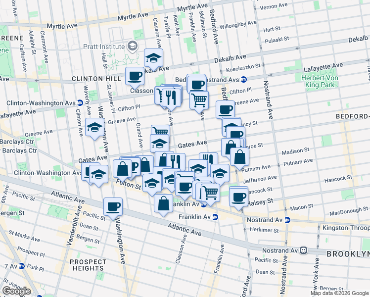 map of restaurants, bars, coffee shops, grocery stores, and more near 3 Monroe Street in Brooklyn