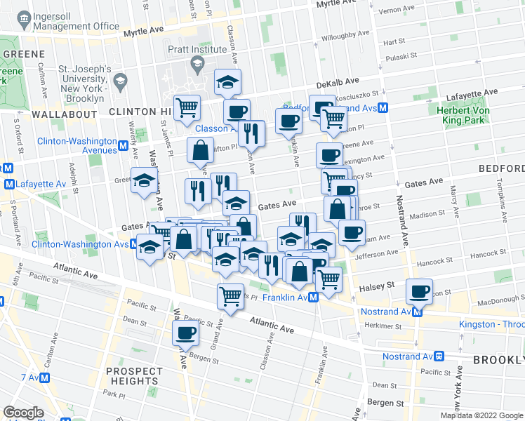 map of restaurants, bars, coffee shops, grocery stores, and more near 2-6 Monroe Street in Brooklyn