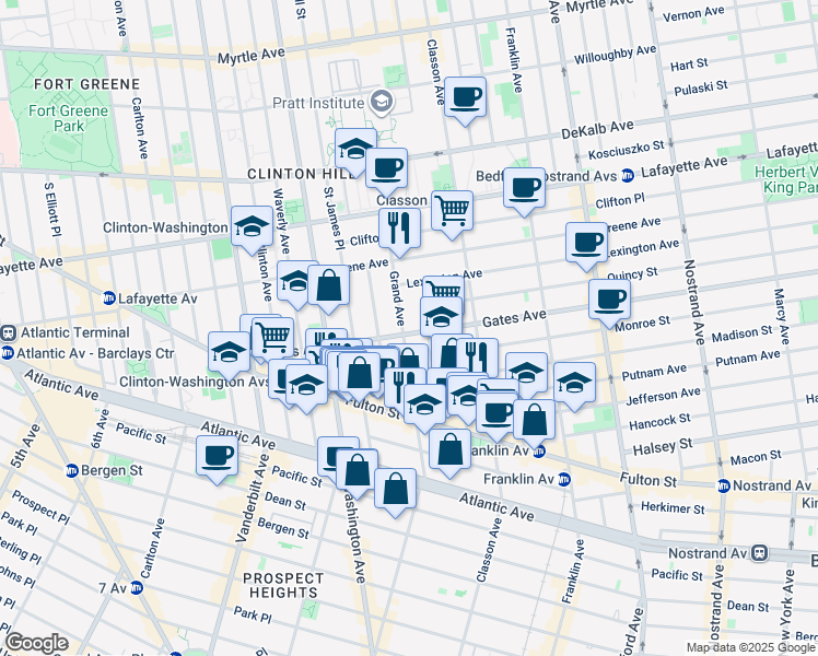 map of restaurants, bars, coffee shops, grocery stores, and more near 377 Grand Avenue in Brooklyn