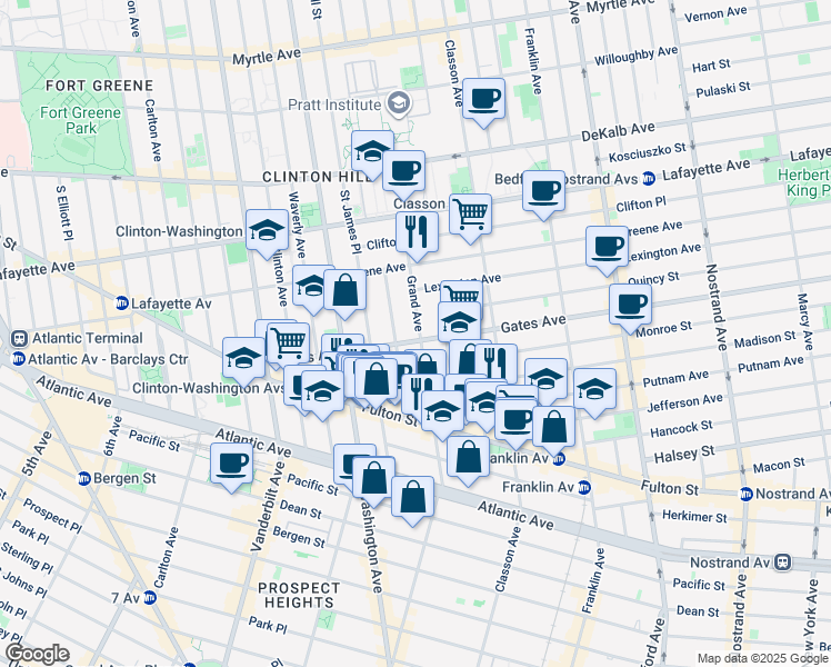 map of restaurants, bars, coffee shops, grocery stores, and more near 377 Grand Avenue in Brooklyn