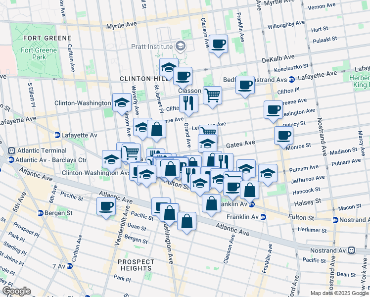 map of restaurants, bars, coffee shops, grocery stores, and more near 377 Grand Avenue in Brooklyn