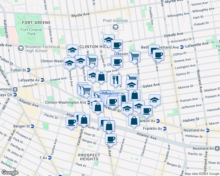 map of restaurants, bars, coffee shops, grocery stores, and more near 108 Gates Avenue in Brooklyn