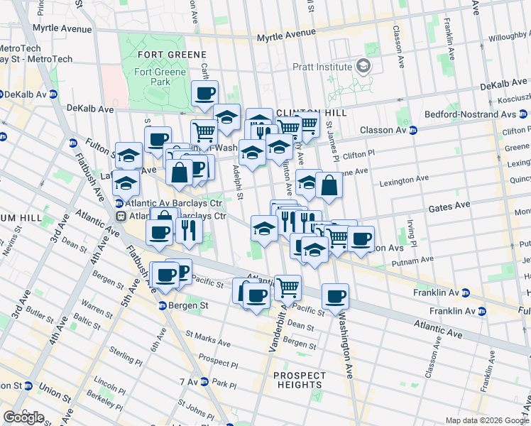 map of restaurants, bars, coffee shops, grocery stores, and more near 438 Clermont Avenue in Brooklyn