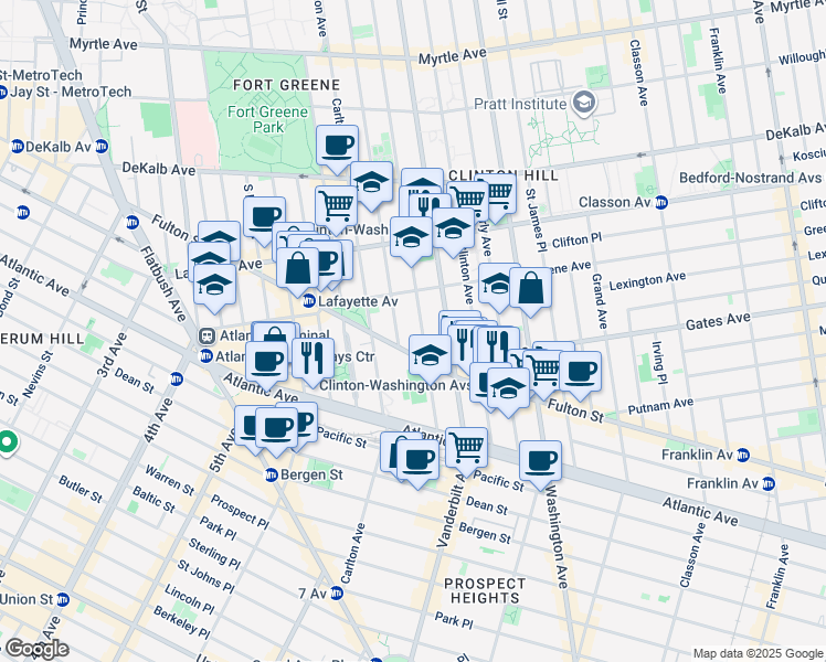 map of restaurants, bars, coffee shops, grocery stores, and more near 438 Clermont Avenue in Brooklyn