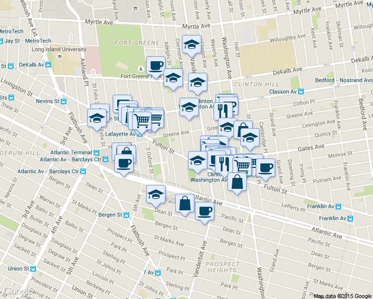 map of restaurants, bars, coffee shops, grocery stores, and more near 438 Clermont Avenue in Brooklyn