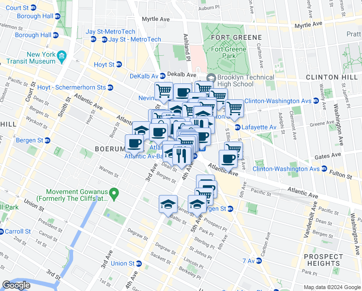map of restaurants, bars, coffee shops, grocery stores, and more near 525 Pacific Street in Brooklyn