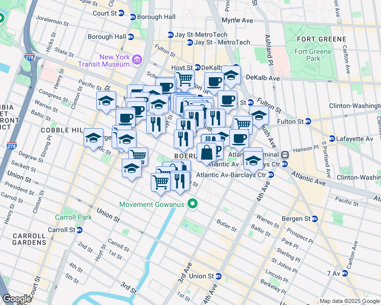 map of restaurants, bars, coffee shops, grocery stores, and more near 163 Bond Street in Brooklyn