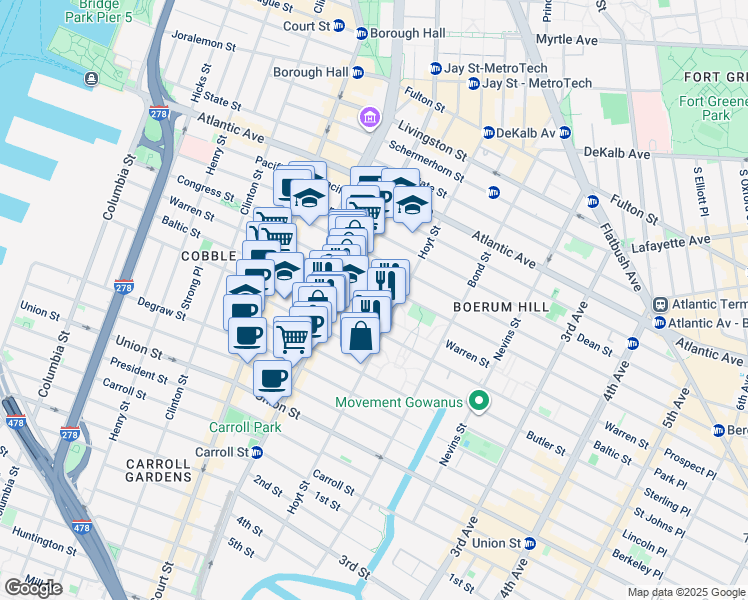 map of restaurants, bars, coffee shops, grocery stores, and more near in Brooklyn