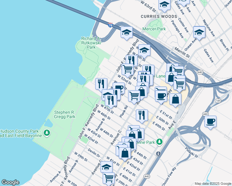 map of restaurants, bars, coffee shops, grocery stores, and more near 217 Avenue B in Bayonne