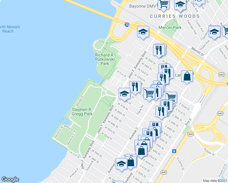 map of restaurants, bars, coffee shops, grocery stores, and more near 1111-3 Boulevard Plaza in Bayonne
