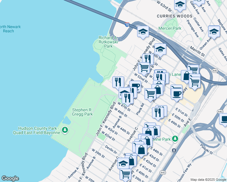 map of restaurants, bars, coffee shops, grocery stores, and more near 1111-3 Boulevard Plaza in Bayonne