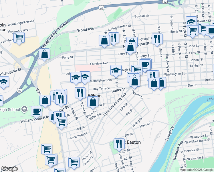 map of restaurants, bars, coffee shops, grocery stores, and more near 1939 Butler Street in Easton