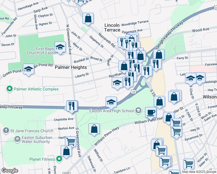 map of restaurants, bars, coffee shops, grocery stores, and more near 2600 Northampton Street in Easton