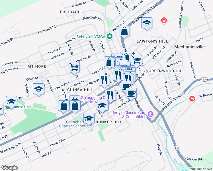 map of restaurants, bars, coffee shops, grocery stores, and more near 501 West Market Street in Pottsville
