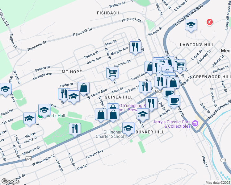 map of restaurants, bars, coffee shops, grocery stores, and more near 733 West Race Street in Pottsville